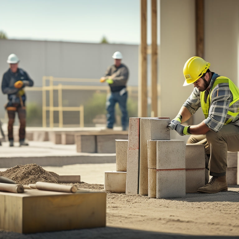 A illustration of a construction site with a worker kneeling, surrounded by concrete blocks, holding a spirit level and trowel, with a string line and wooden straightedge in the background.