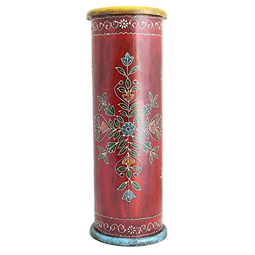 PH 22 Inch Red Handcrafted Patio Umbrella Base (India), Light Red Hand Painting Detailing Umbrella Stand Holder Indoor Umbrella Support Wonderful Addition Rustic Wooden Hand-Painted, Wood