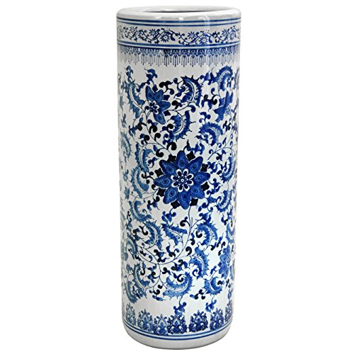 Oriental Furniture 24" Floral Blue & White Porcelain Umbrella Stand