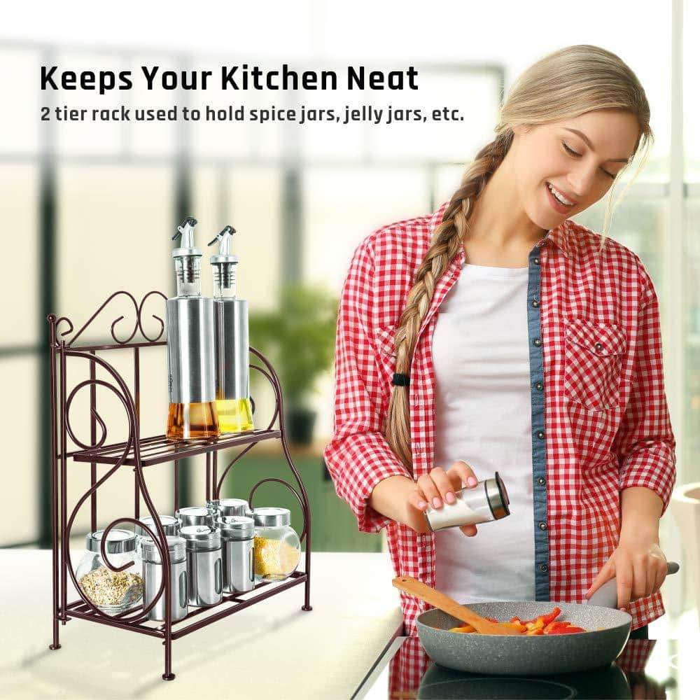 Best seller spice rack ispecle 2 tier foldable shelf rack kitchen bathroom countertop 2 tier standing storage organizer spice jars bottle shelf holder rack classic bronze coating