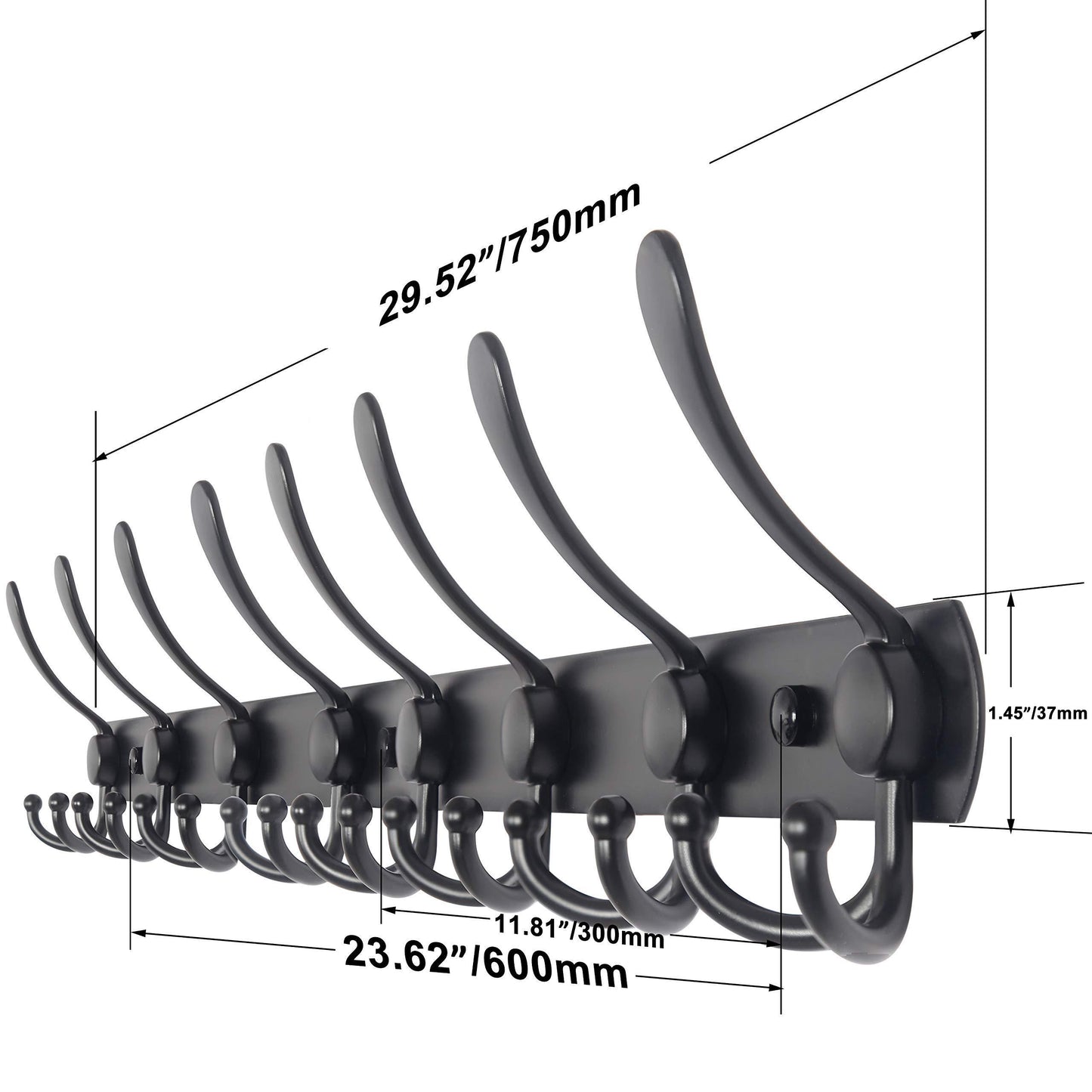 Organize with webi coat rack wall mounted 30 inch 8 tri hooks 24 hooks decorative coat hat hook rack heavy duty triple hook rail wall hanging hooks for bathroom kitchen office entryway closet black 2 packs