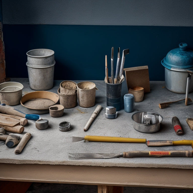 A cluttered construction site table with various tools scattered around a central bucket of concrete bonding adhesive, including a notched trowel, putty knife, and roller extension pole.