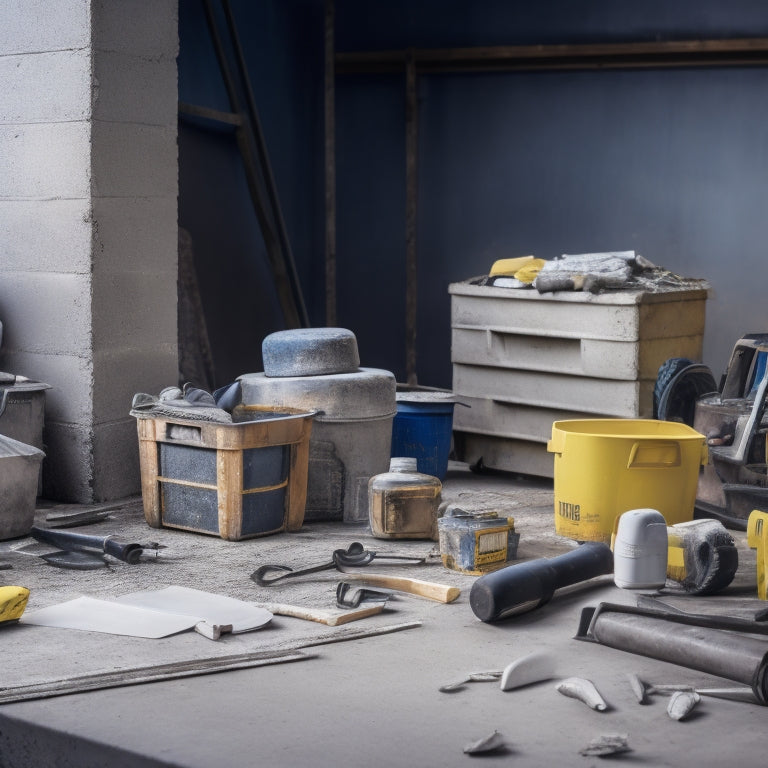 A messy construction site with a half-coated concrete block wall in the background, surrounded by scattered tools and equipment, with a toolbox and a price tag icon in the foreground.