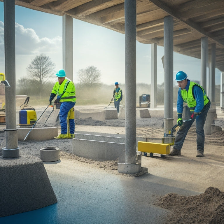 A serene construction site with a worker in the background, surrounded by various concrete leveling tools, including a spirit level, laser level, and leveling rod, with a perfectly poured and leveled concrete slab in the foreground.