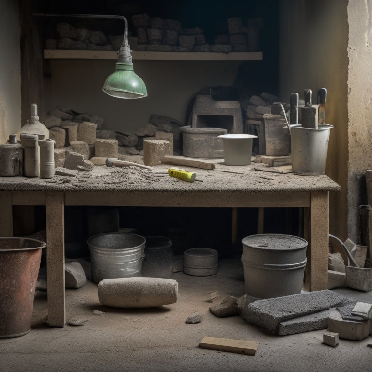 A cluttered workbench with a mix of new and worn concrete block laying tools: trowel, level, jointer, spirit level, block chisel, and a bucket of mortar, surrounded by scattered concrete blocks and dust.