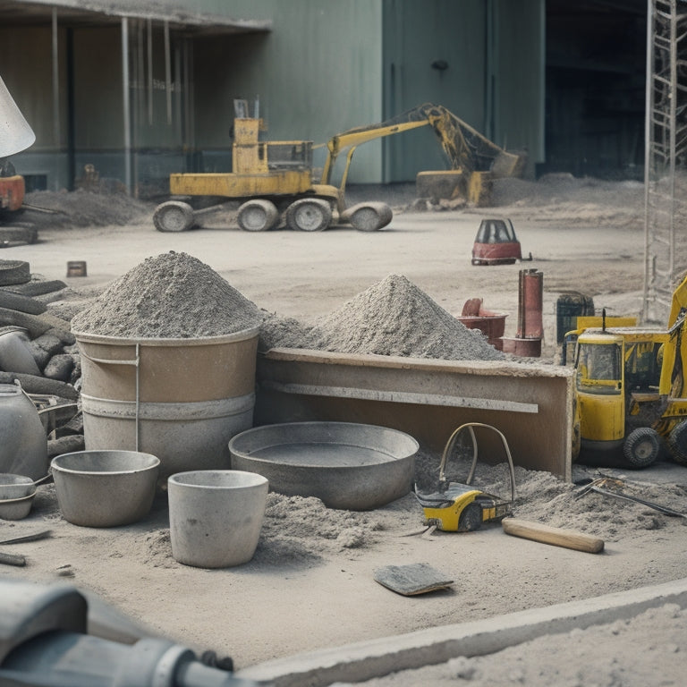 A cluttered construction site with a variety of concrete construction tools scattered around, including a mixer, trowels, floats, and edgers, with a partially built concrete structure in the background.