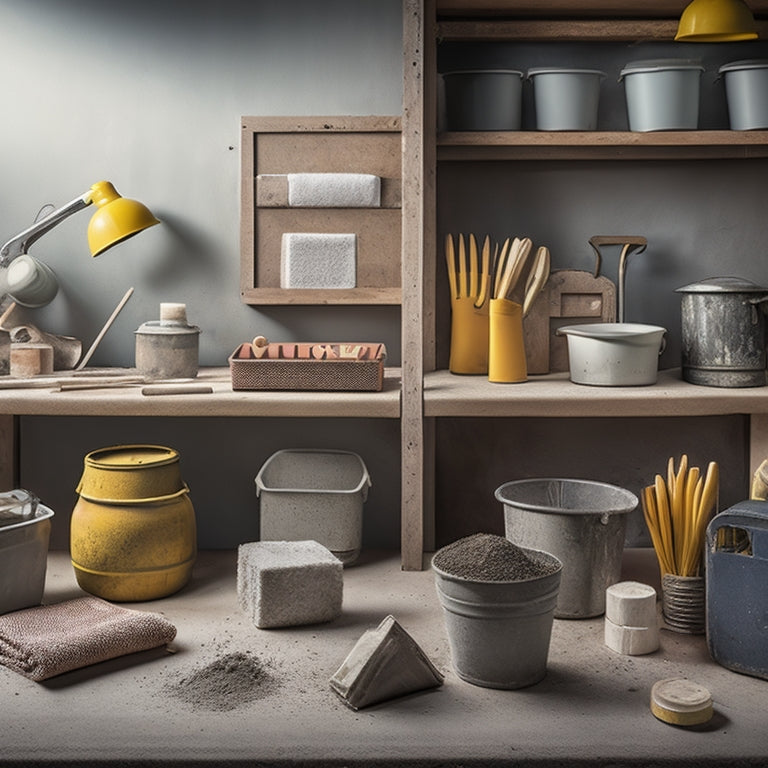 A cluttered workshop table with a concrete block planter in progress, surrounded by essential tools like a trowel, level, gloves, mixing bucket, and spirit level, amidst scattered cement bags and building blocks.