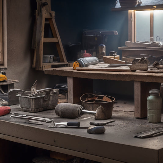 A cluttered workbench with concrete edging tools scattered around, including a worn trowel, a bulb edger, a jointer, and a level, with a half-finished concrete project in the background.