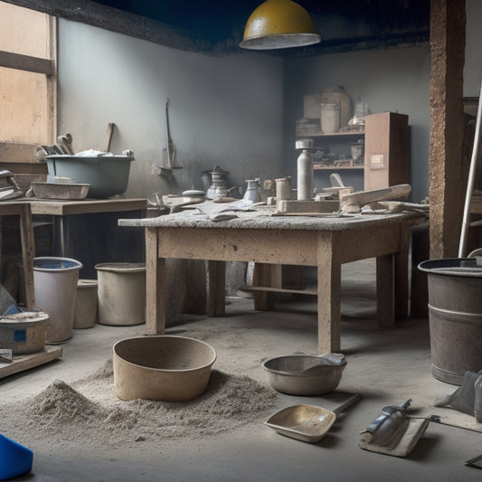 A cluttered workshop table with various interior concrete tools, including a mixing bucket, trowels, edgers, and a level, surrounded by bags of concrete mix and scattered dust.