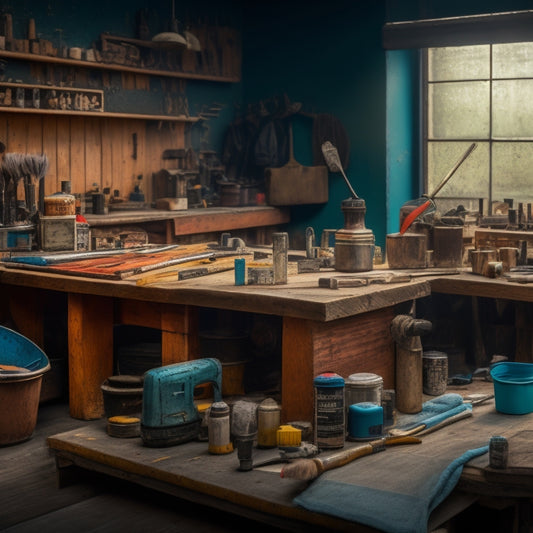 A cluttered workshop background with various concrete staining tools scattered across a wooden workbench, featuring a prominent array of brushes, sprayers, and applicators in different shapes and sizes.