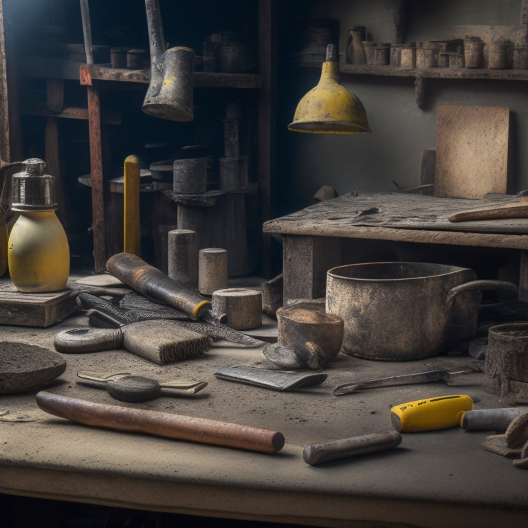 A cluttered workbench with various hand tools laid out, including a trowel with worn wooden handle, a hammer with rusty head, and a level with yellow rubber grips, surrounded by concrete fragments and dust.