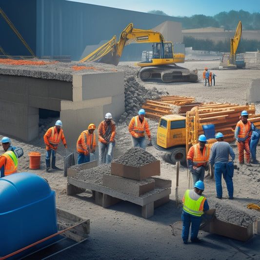 An illustration of a construction site with concrete blocks, trowels, levels, and mixers, surrounded by workers in hard hats and vests, with a partially built wall in the background.