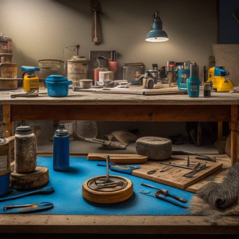 A cluttered workshop table with scattered tools, a partially completed stamped concrete project in the background, and a few essential tools like a tamper, texture mats, and a sealer sprayer arranged prominently in the foreground.