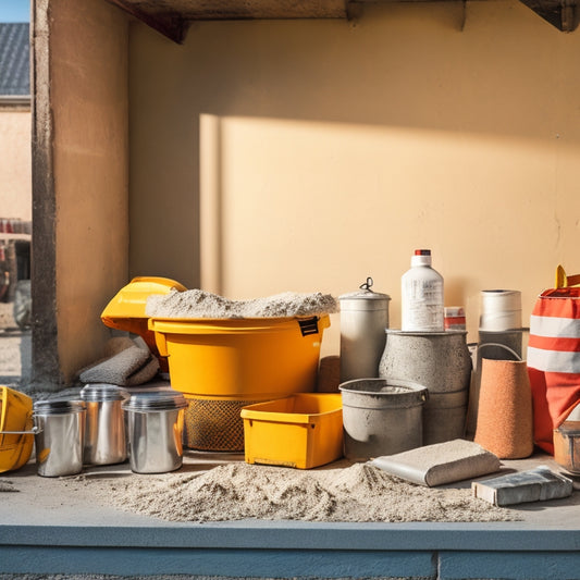 An organized workspace with a concrete mixer, trowel, level, safety goggles, and a bucket, surrounded by bags of cement, sand, and aggregate, with a partially poured concrete slab in the background.