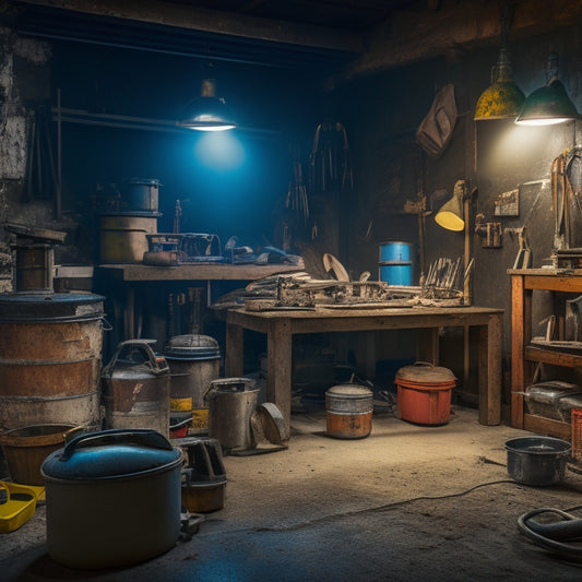 A cluttered workshop with a damaged concrete floor in the background, surrounded by various tools and equipment, including a mixing bucket, trowel, grinder, and safety gear, illuminated by a single overhead light.