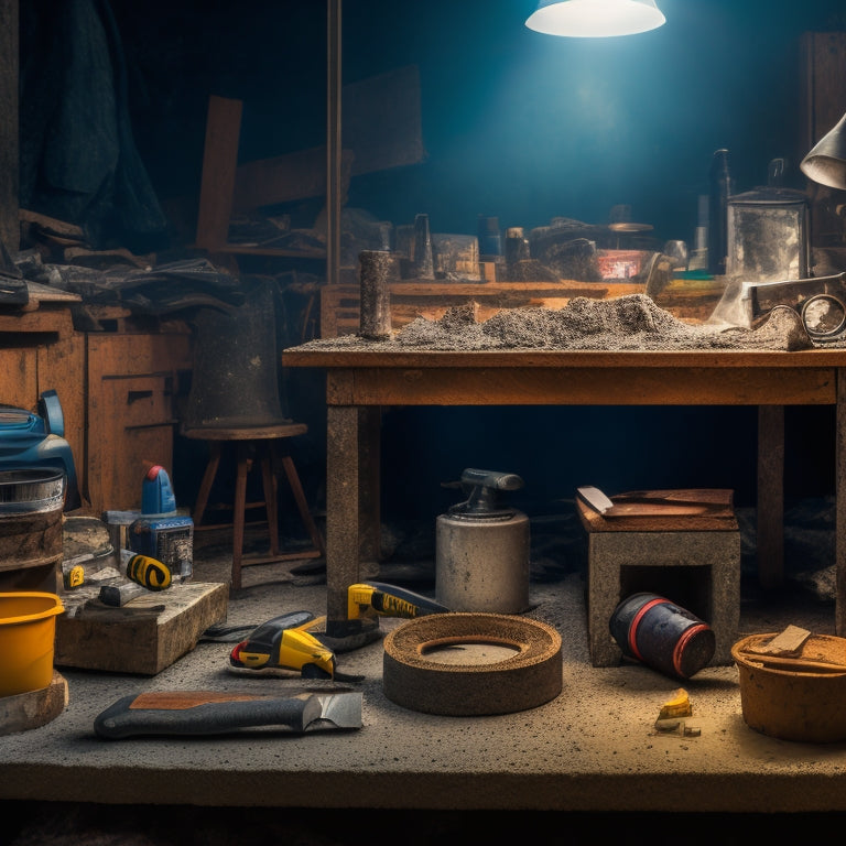 A cluttered workbench with a concrete block, a mason's chisel, a hammer, safety goggles, a level, a tape measure, and a diamond blade saw, surrounded by scattered concrete dust and debris.