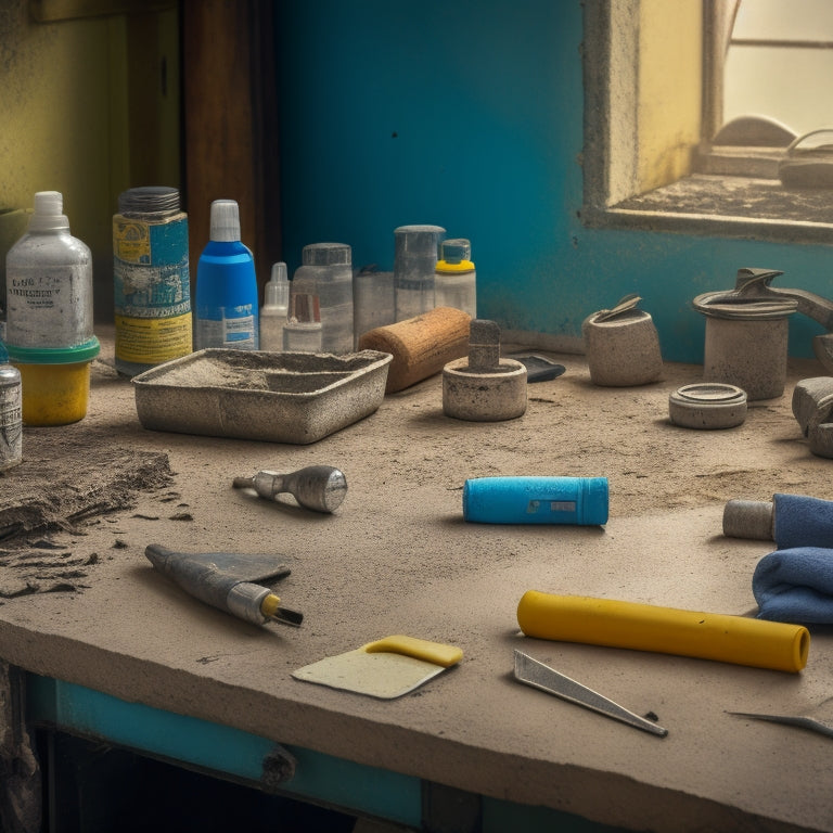 A cluttered workshop table with various concrete repair tools scattered about, including a caulk gun, putty knife, trowel, and patching compound, with a cracked concrete surface in the background.