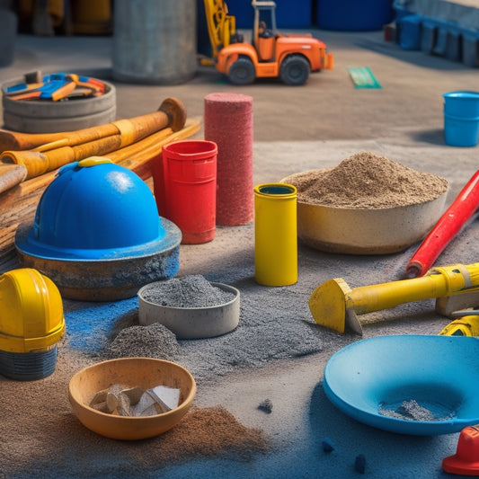 A cluttered construction site with various concrete mix tools scattered around, with a few tools highlighted in bright colors, and a subtle hint of a contractor's hand reaching for one.