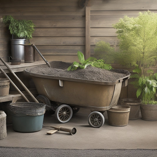 A clutter-free workshop backdrop with a sturdy, rust-resistant wheelbarrow centered, surrounded by a tidy arrangement of heavy-duty buckets, trowels, float blades, and a level, all spotlessly clean and well-maintained.