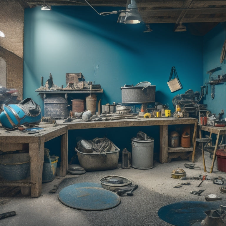 A cluttered workshop with a concrete mixer, trowels, edgers, and float blades scattered on a workbench, surrounded by buckets, safety goggles, and a level on a concrete floor.