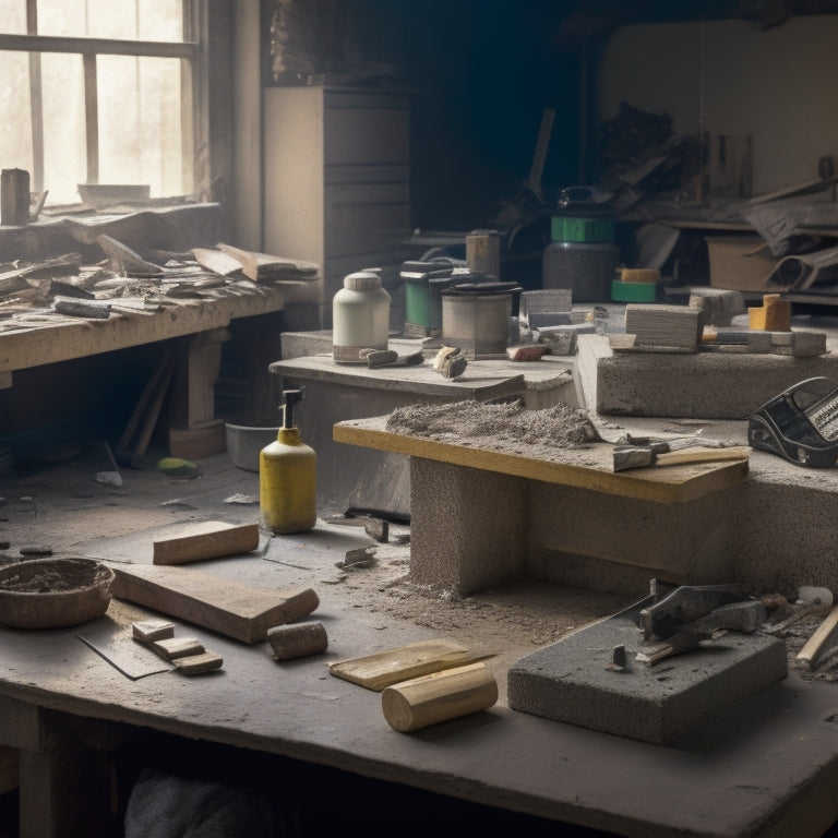 A cluttered workbench with scattered concrete blocks, a trowel, a level, a jointer, a grinder, a edger, and a float, surrounded by dust and construction debris.