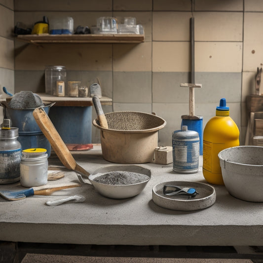 A cluttered workshop table with a mixing bucket, trowel, level, gloves, safety goggles, and a cement bag in the background, surrounded by scattered concrete finishing tools and a small partially poured concrete slab.