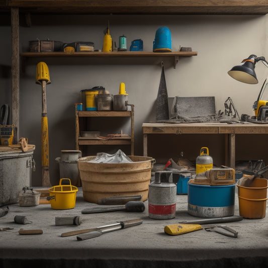 A cluttered workshop background with various concrete working tools scattered around, including trowels, mixers, and drills, with 10 distinct shopping bags or boxes with different logos and colors.