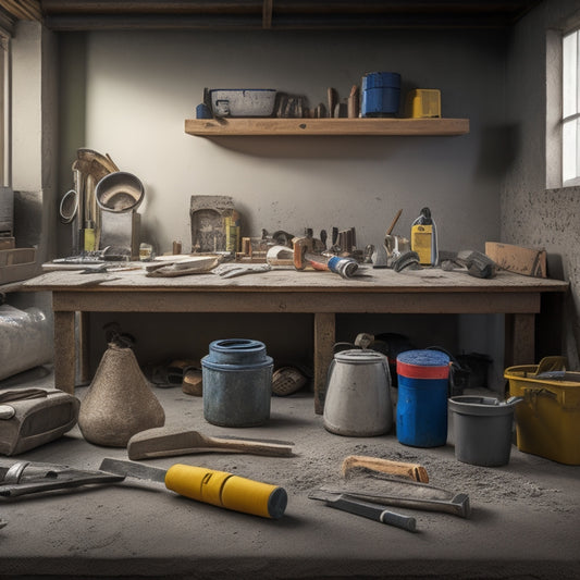 A cluttered workbench with various hand tools scattered around, including a trowel, level, edger, jointer, and concrete mixer, surrounded by concrete blocks, bags of cement, and a partially finished concrete patio.