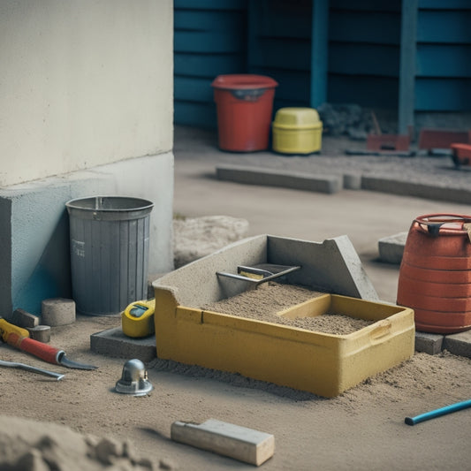 A partially built concrete block foundation with various tools scattered around, including a level, trowel, spirit level, and a mixing bucket, surrounded by concrete blocks and a subtle background of a construction site.