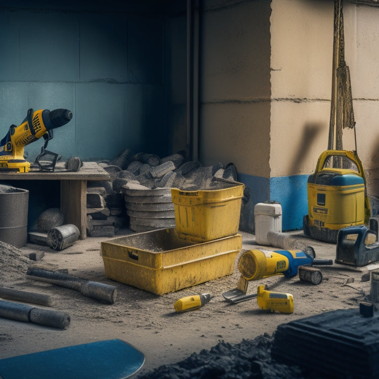 A messy construction site with various power tools scattered around, including a concrete drill, trowel, mixer, and saw, surrounded by concrete blocks, bricks, and rubble.