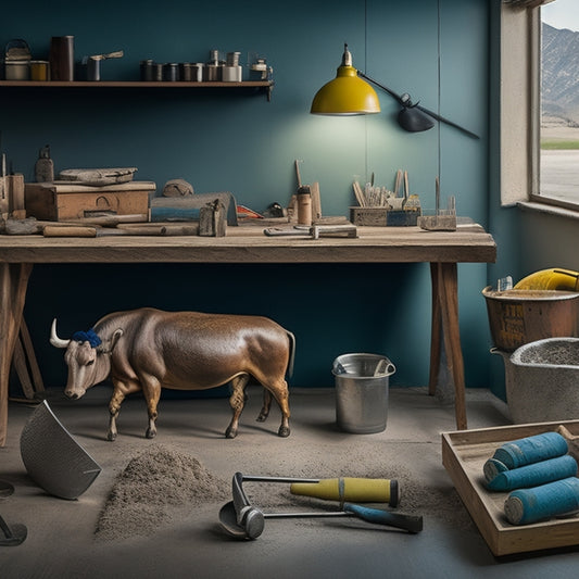 A tidy, well-organized workspace with a variety of concrete finishing tools laid out on a wooden table, including a bull float, edger, trowel, and level, surrounded by a concrete mixer and wheelbarrow.