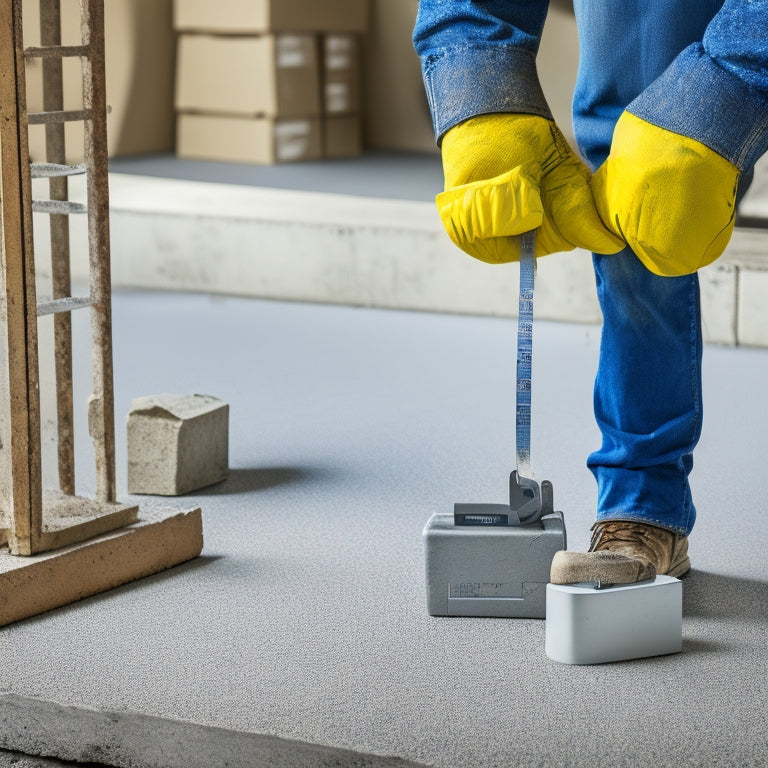 A photograph of a masonry worker holding a digital caliper and a concrete block, with a measuring tape and a block gauge lying on a freshly poured concrete floor in the background.