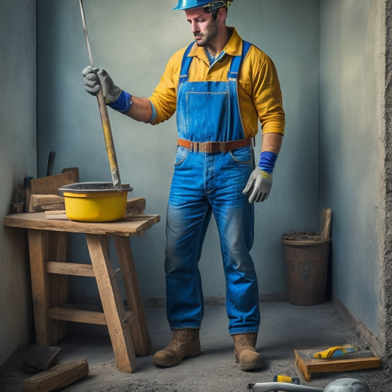 An image of a person wearing a hard hat and gloves, holding a trowel and standing in front of a partially constructed concrete wall with various DIY tools scattered around, including a mixing bucket and a level.