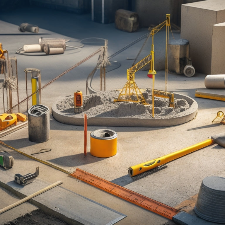 An illustration of a concrete installation site with a variety of measuring tools scattered throughout, including a spirit level, tape measure, and laser level, amidst freshly poured concrete and steel reinforcement bars.