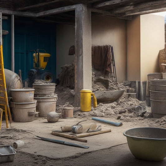 A cluttered construction site with a partially built concrete wall foundation, surrounded by various tools and equipment, including a cement mixer, trowels, levels, and safety gear, amidst a backdrop of excavated earth.