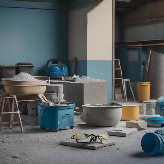 A cluttered workshop background with various concrete block building tools scattered around, including a cement mixer, trowel, level, and safety goggles, with a few partially built concrete blocks in the foreground.