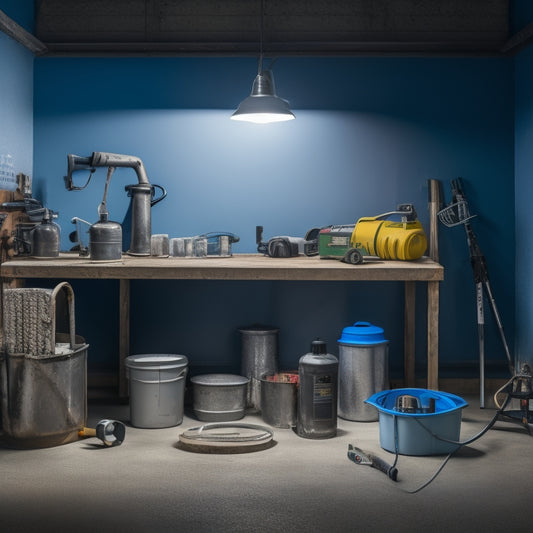 A well-lit, organized workshop with various concrete sealing tools and materials, including a sprayer, brush, roller, and buckets, arranged on a metal workbench against a clean, gray concrete wall.