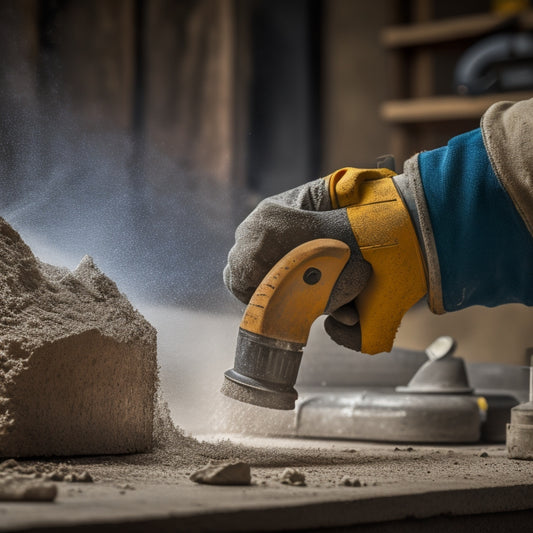 A close-up of a rugged, worn concrete wall with a routing tool in action, sparks flying, surrounded by concrete dust and debris, with a blurred power tool and worker's gloved hand in the background.