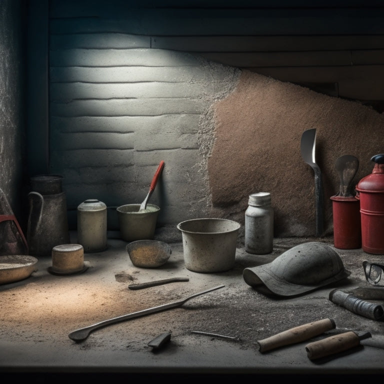 A cracked and worn concrete wall with various tools and materials scattered around, including a trowel, putty knife, concrete patching compound, and safety goggles, lit by a single overhead light.