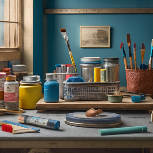 A tidy workspace with a section of concrete railing, various paintbrushes, rollers, and trays, a drop cloth, and a paint can with a vibrant color scheme.