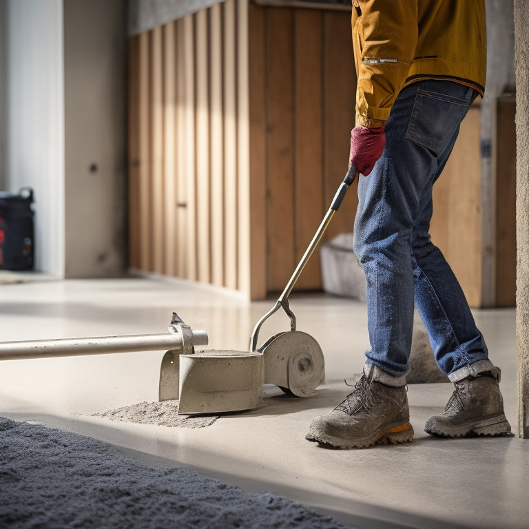 A photograph of a person in a hard hat and gloves operating a walk-behind power trowel on a freshly poured concrete floor, with a variety of smoothing tools scattered around them.