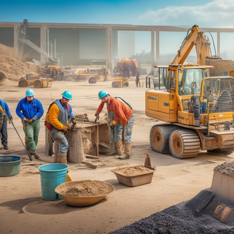 A cluttered construction site with a mix of concrete mixing trucks, excavators, and workers in the background, focus on a foreground table with five neatly organized tools: a level, trowel, edger, saw, and drill.