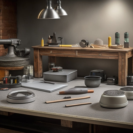 A photograph of a well-organized workspace, featuring a variety of polished concrete finishing tools, including a grinder, polisher, and edger, arranged artfully on a gray concrete floor.