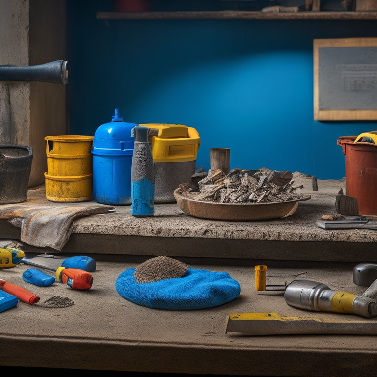 A cluttered workbench with various concrete tools, including a cordless drill, mixing bucket, trowel, level, and safety goggles, against a blurred background of a partially repaired concrete wall.