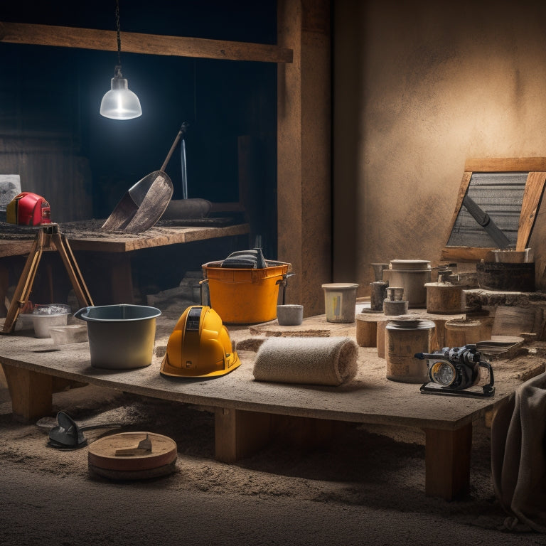 A well-lit workshop with a concrete wall in the background, featuring a trowel, level, mixing bucket, safety goggles, and a concrete mixer, arranged on a workbench with a blurred DIY project in progress.