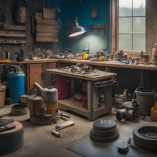 A cluttered workshop with a variety of tools and equipment scattered on a workbench, including a concrete grinder, polishing pads, and a wet vacuum, with a partially polished concrete floor in the background.