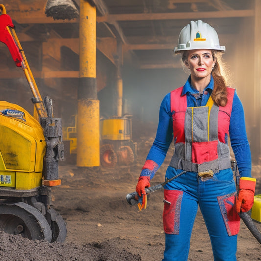 A powerful, confident woman in a hard hat and safety vest, surrounded by a variety of concrete removal tools, including a jackhammer, drill, and demolition robot, in a gritty, industrial setting.