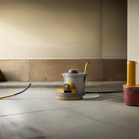 A worn, grey concrete floor with cracks and stains, surrounded by three essential tools: a walk-behind concrete grinder, a handheld concrete scarifier, and a bucket of epoxy resin.