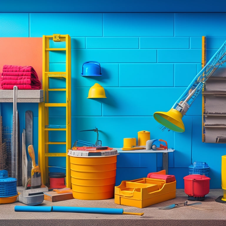 A colorful illustration depicting a construction site with a partially built concrete block wall, surrounded by essential tools like a level, trowel, jointer, and mixer, with a subtle background of blueprints and scaffolding.