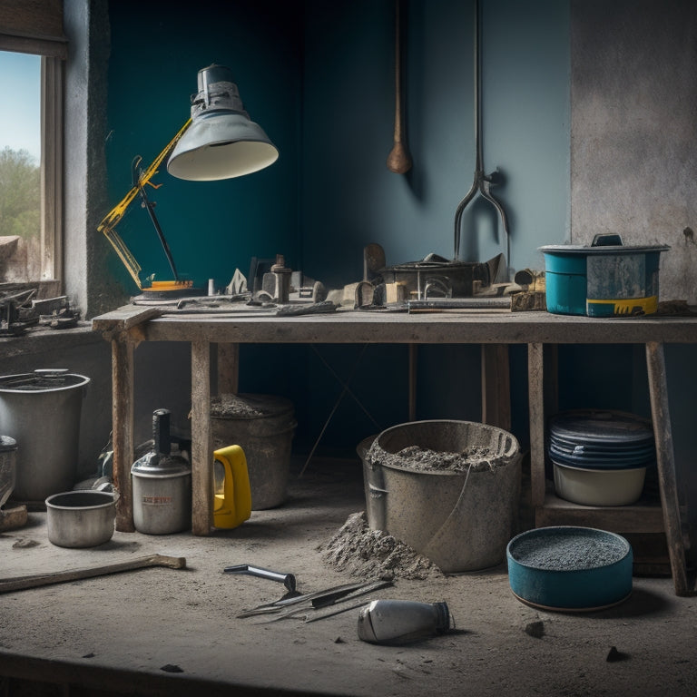 A cluttered DIY workspace with a half-finished concrete project, surrounded by scattered tools, with a prominent drill mixer and a bucket of mixed concrete in the foreground.